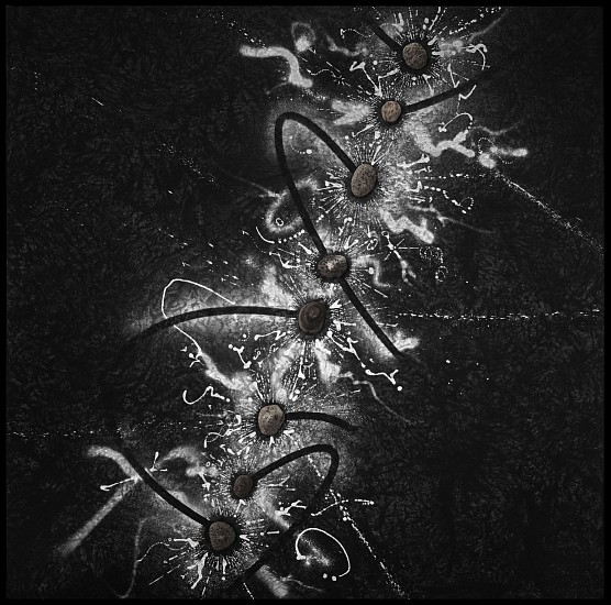 Hiraku Suzuki, The Writing of Metors (S/M) #7
2023, Lava stone (bolted), silver ink, earth and acrylic on canvas